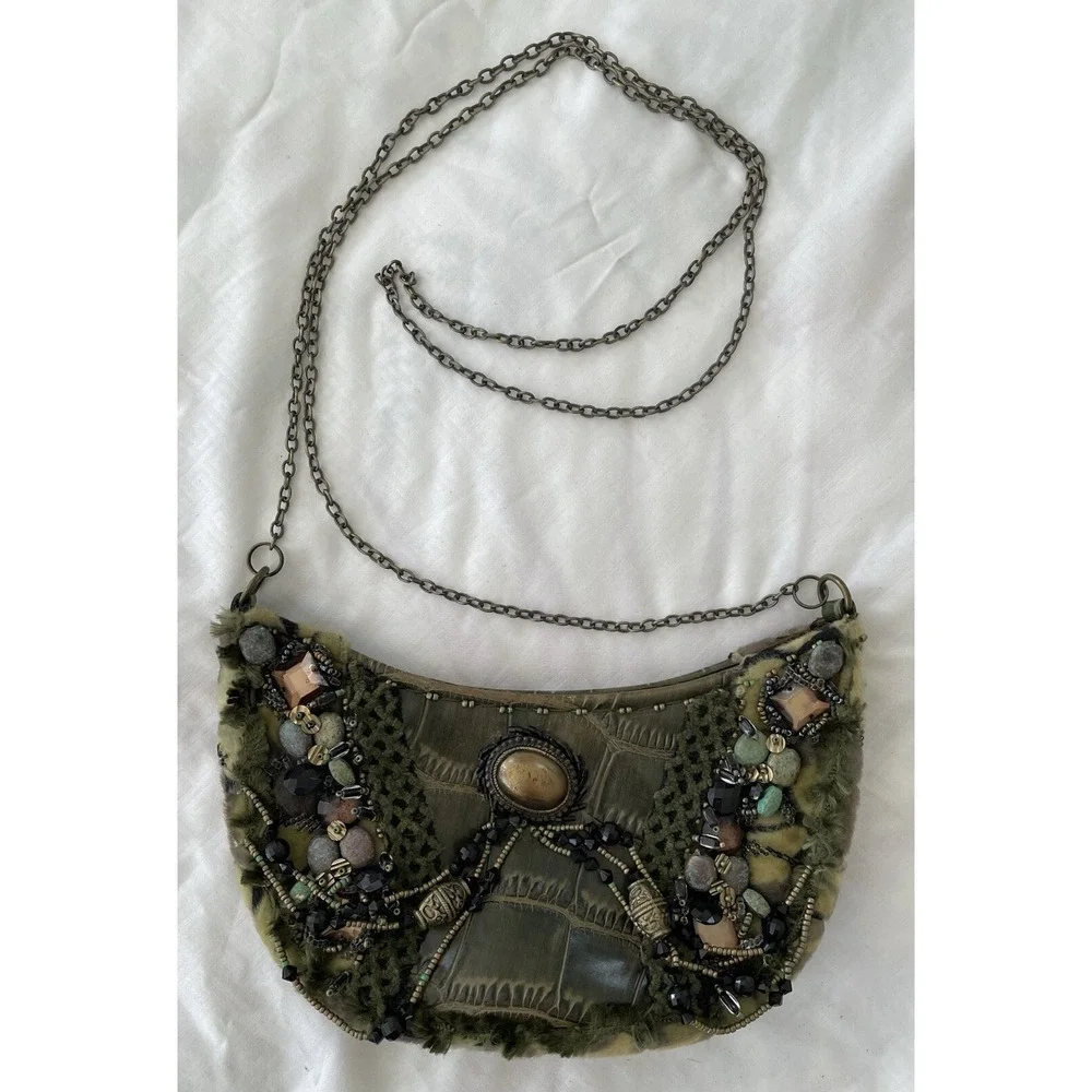 MARY FRANCES Green Leather Croc Highly Embellished Faux Fur Hobo Shoulder Bag